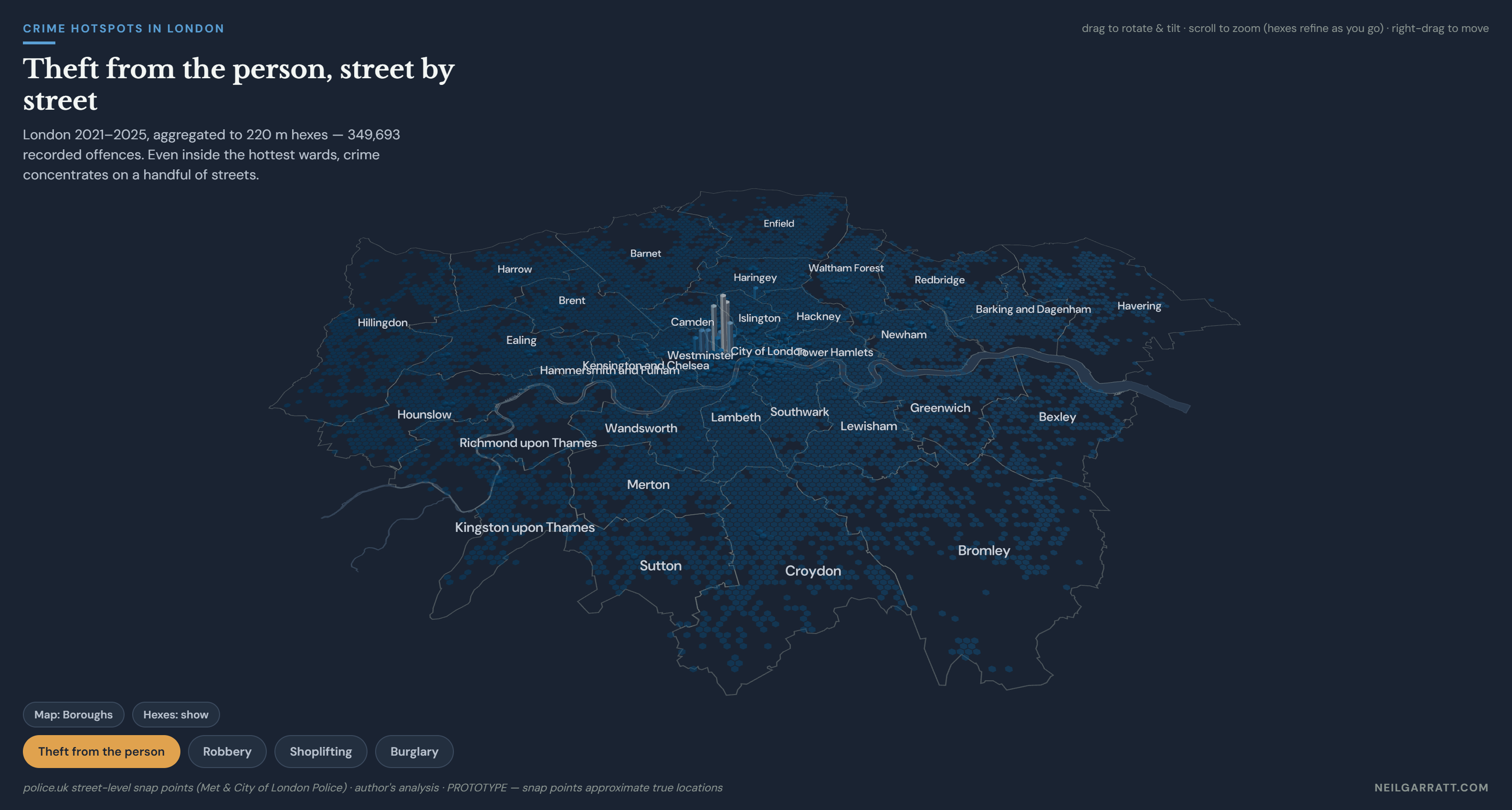 3D hex map of London theft-from-the-person hotspots — crime concentrates on a handful of streets even inside the hottest wards.