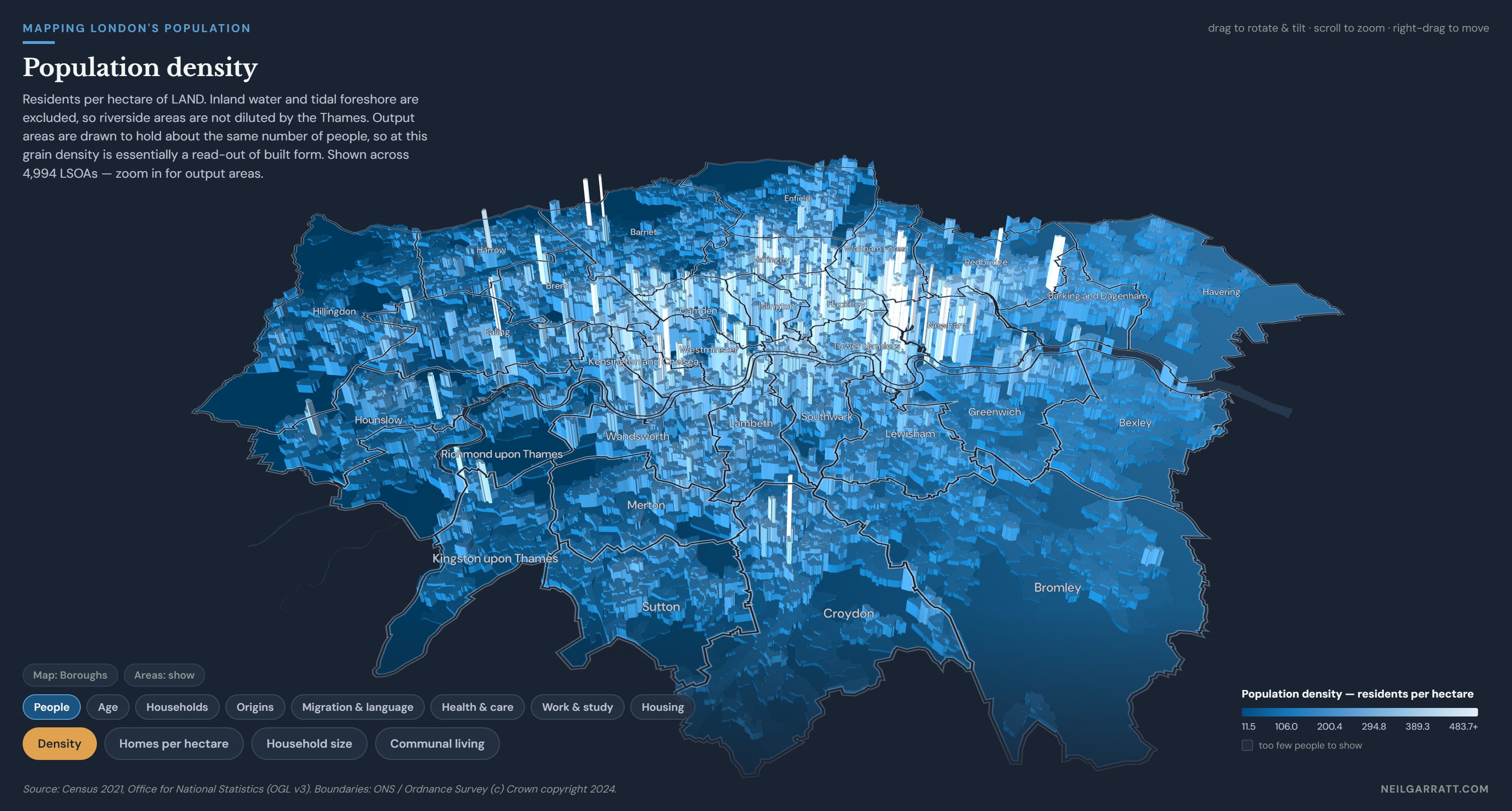 3D map of London's population density from the 2021 census — the extruded neighbourhoods rise into a pale ridge across the inner boroughs and fall away towards the suburbs.