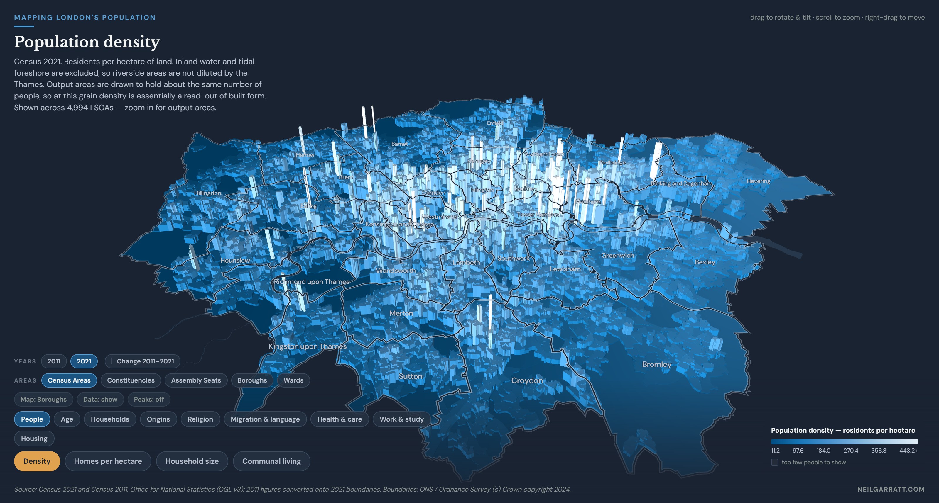 3D map of degree-level qualifications across London's 75 parliamentary constituencies from the 2021 census — pale, taller seats in the south-west and inner west, darker and lower ones towards the outer east.