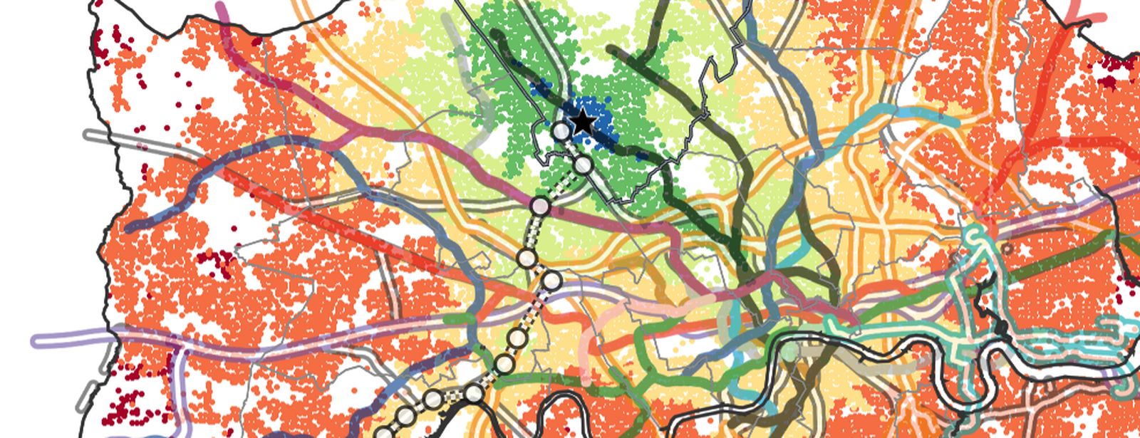 Colour-coded OLAT map of journey times across London