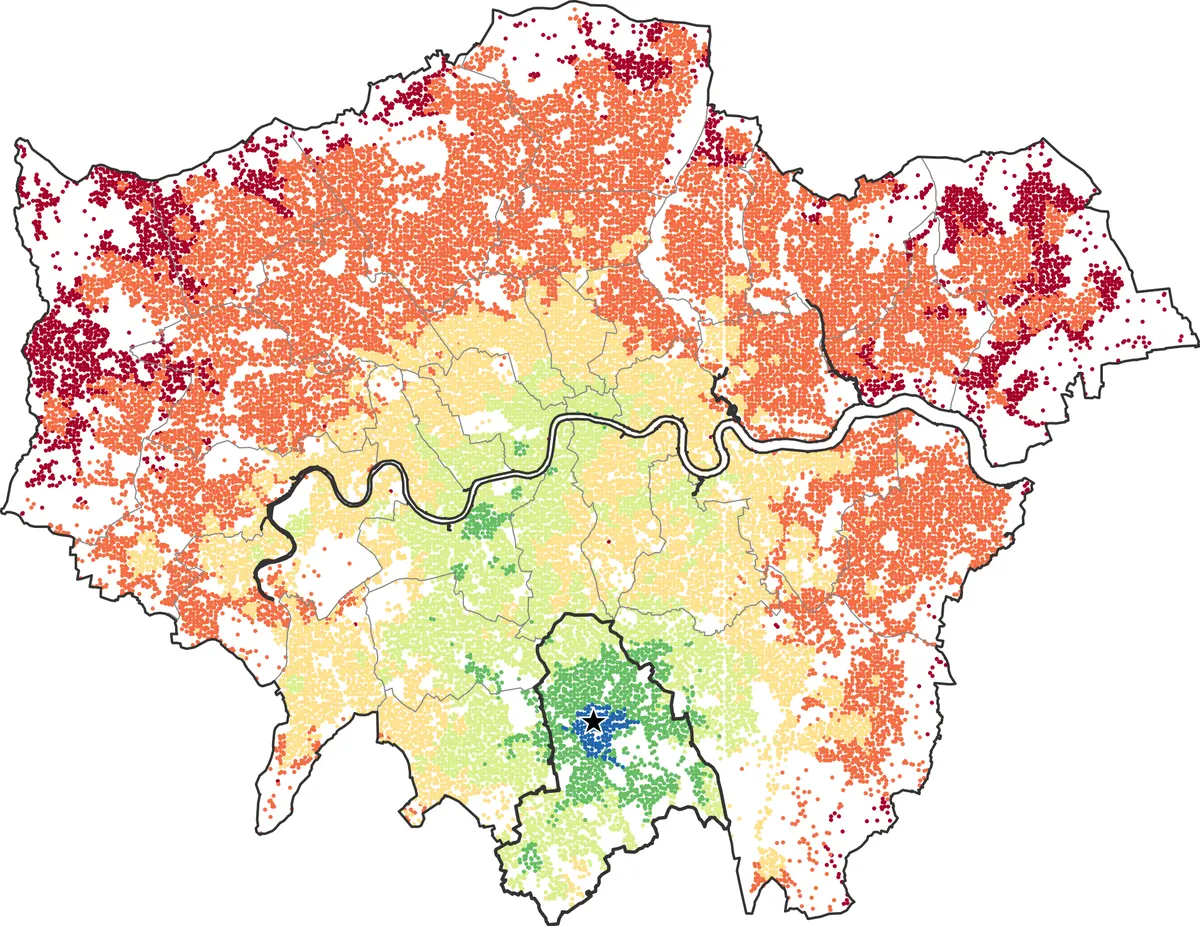 Heatmap of public transport journey times from Croydon